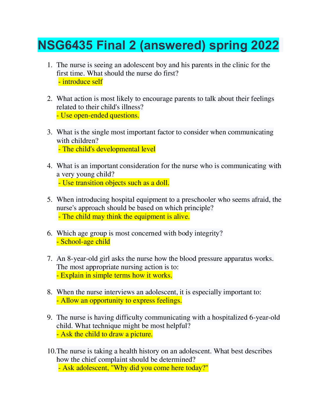 Preview image for NSG6435 Final 2 (answered) spring 2022